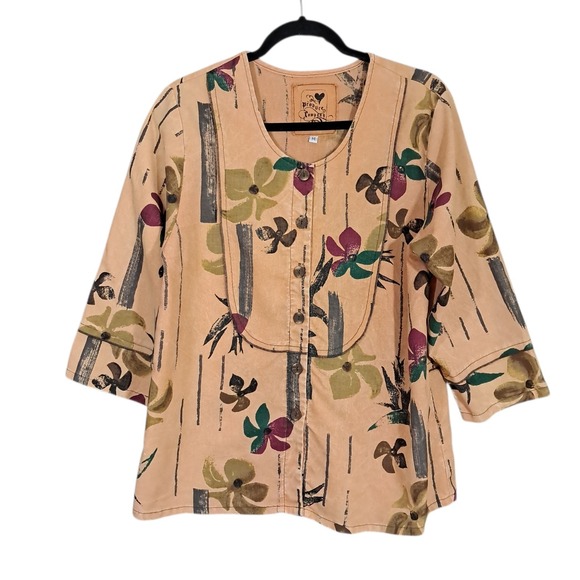 Produce Company Women‎ Linen Blend Brown Abstract Art Button Up Shirt USA M - Picture 2 of 11